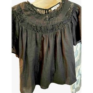 RO & DE‎ Cotton Black Lace Collar Flown Short Sleeve Shirt